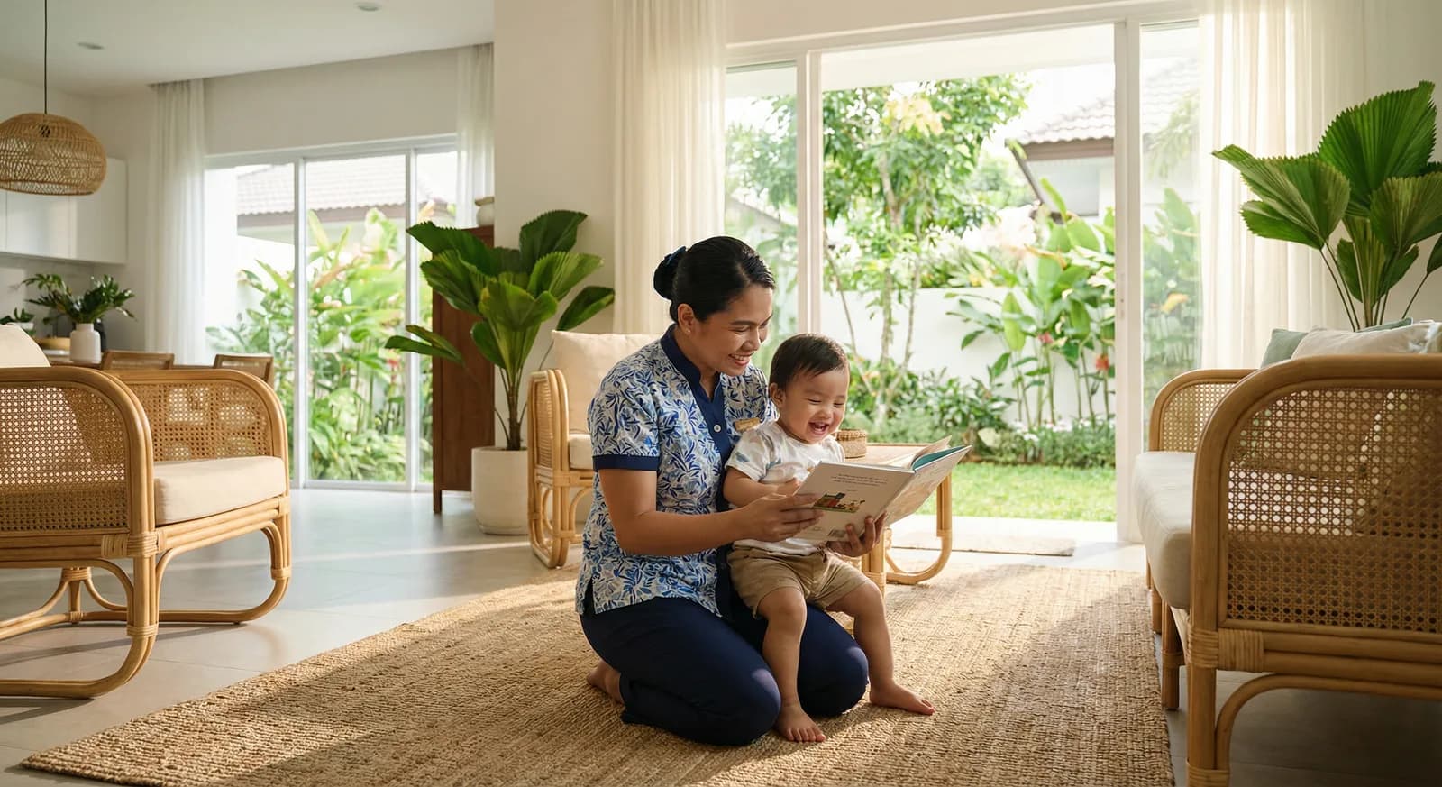 Filipino yaya reading with a young child in a sunlit home
