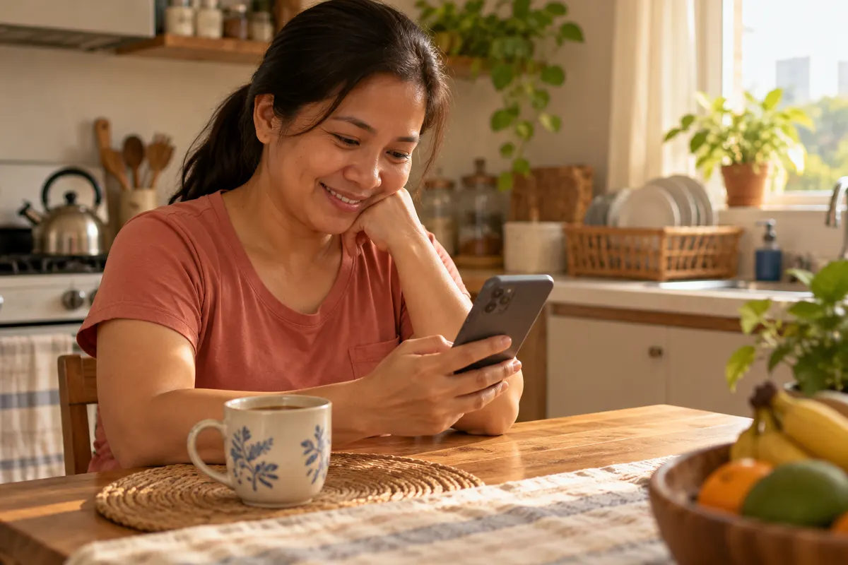 A helper at a kitchen table reading a message on her phone